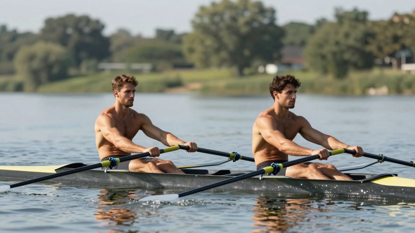 Mann und Frau rudern auf einem See, Muskelaufbau und Fitness
