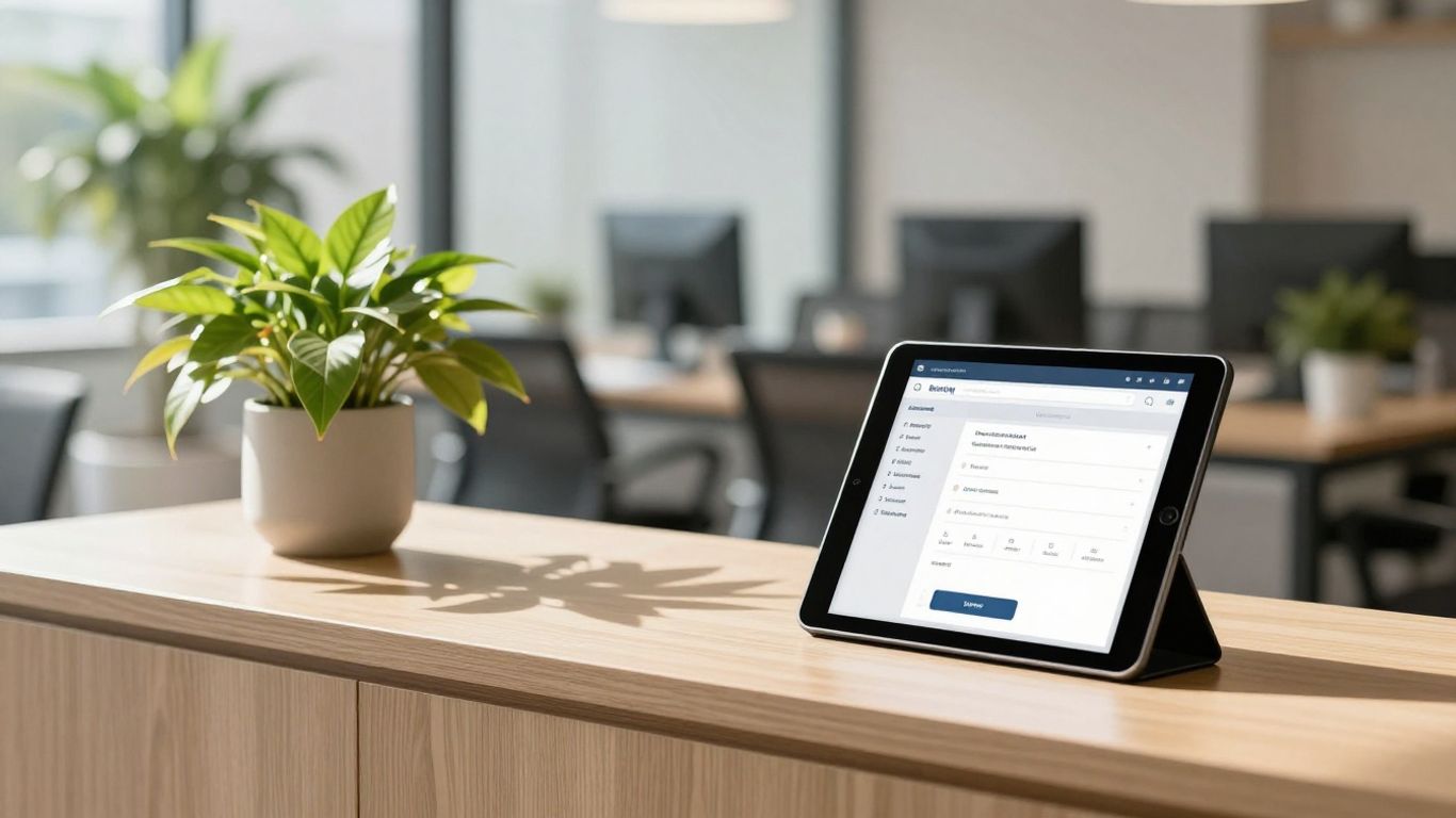 Appointment booking system interface on a tablet in an office.