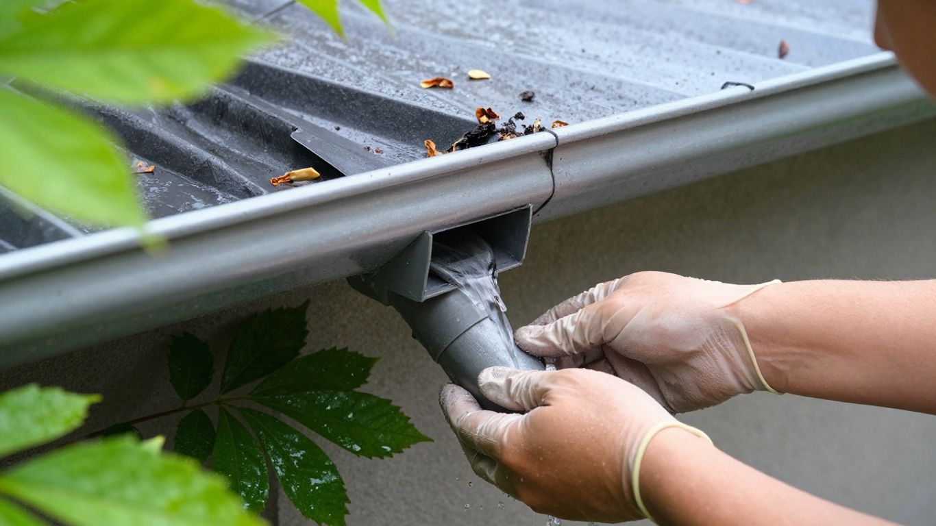 Homeowner clearing debris from a clean gutter and downspout.