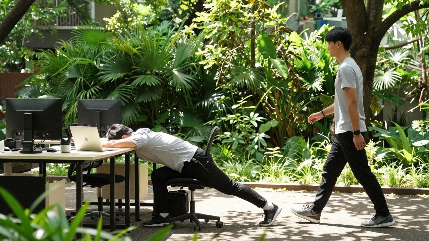 Persoană întinzându-se la birou și mergând afară.