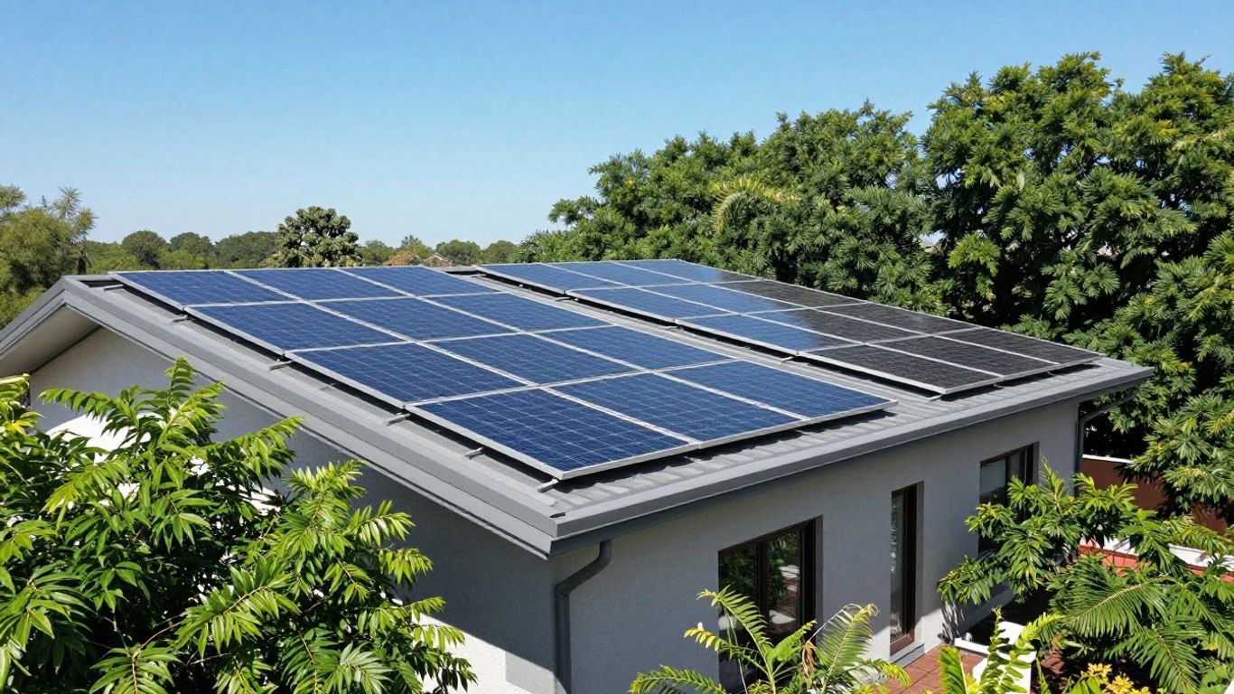 Rooftop solar panels on a modern house under a sunny sky.