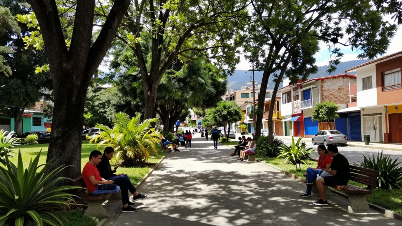 People relaxing beneath trees in a Laureles park