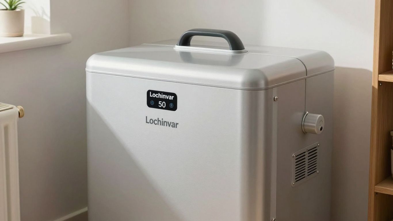 Lochinvar 50-gallon electric hot water heater in a home setting.