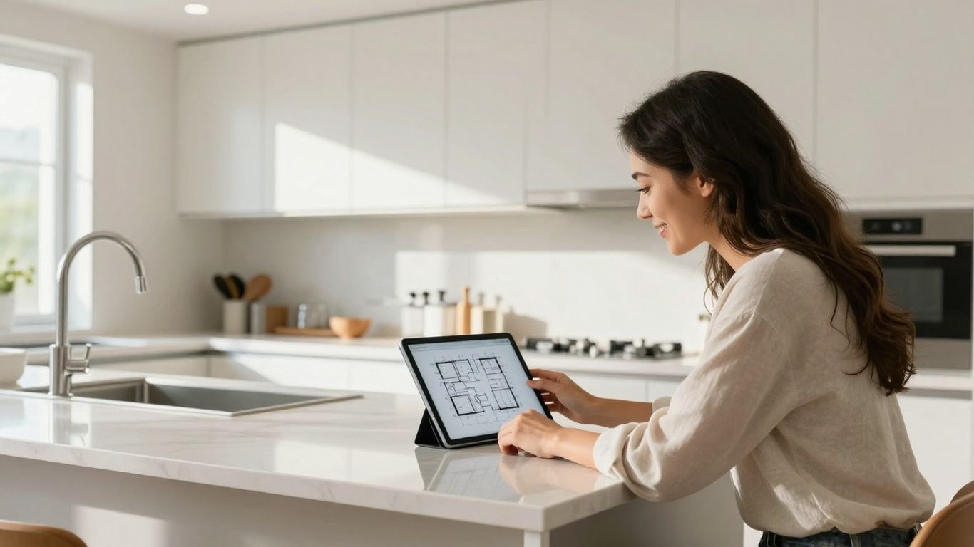 Homeowner happy with kitchen remodel plans on tablet.