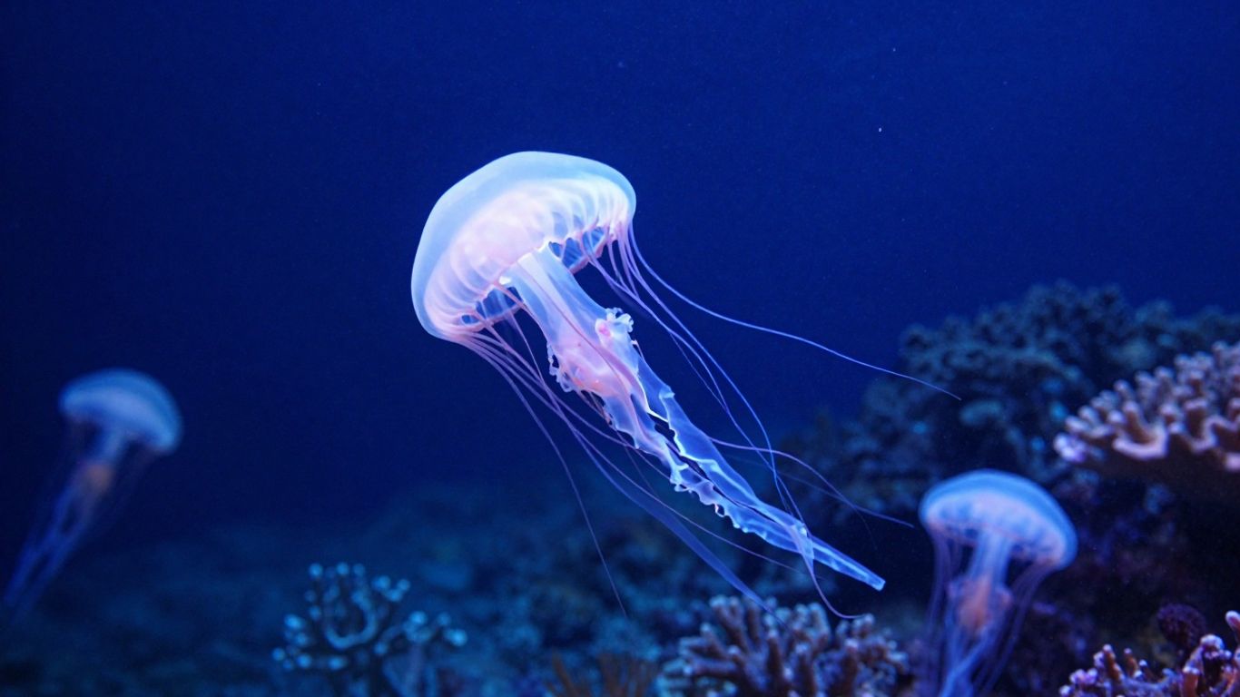 Glowing jellyfish swimming in deep water