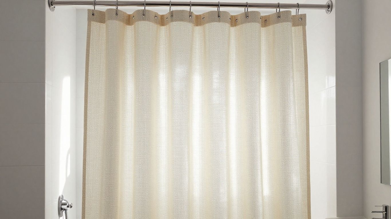 Modern bathroom with a decorative shower curtain.