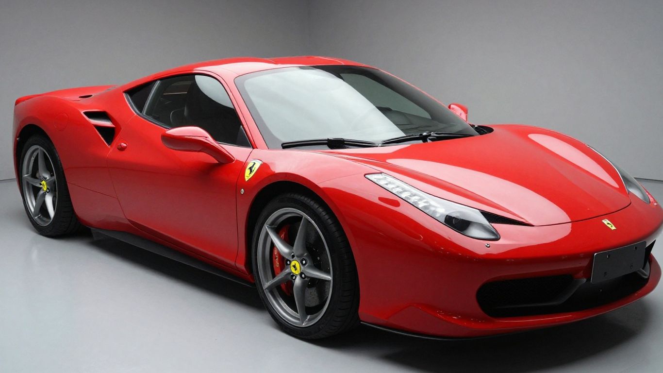 Red Ferrari 458 in a luxury garage, close-up view.
