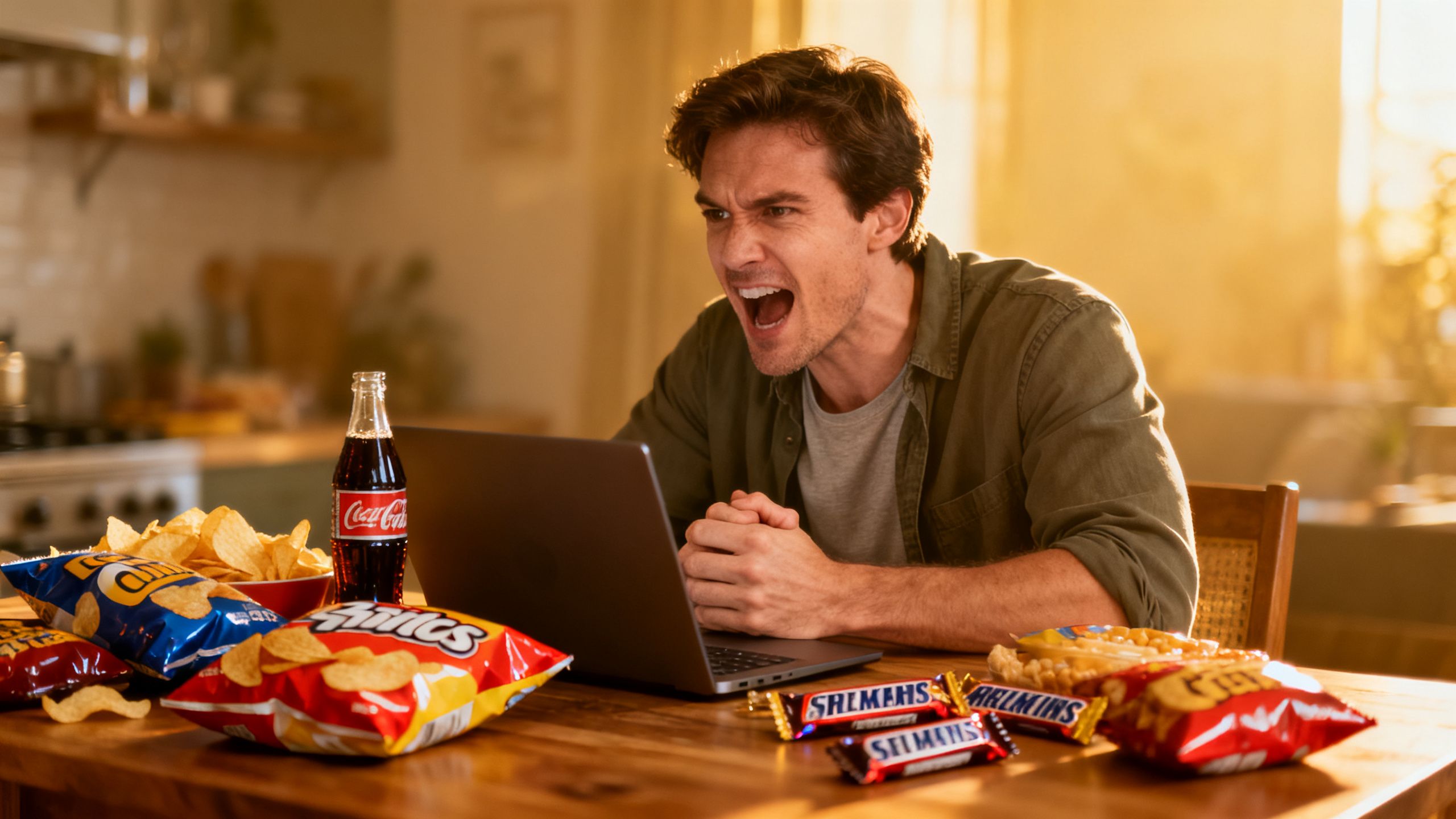 A man easily ignoring a table full of junk food, looking focused and energetic