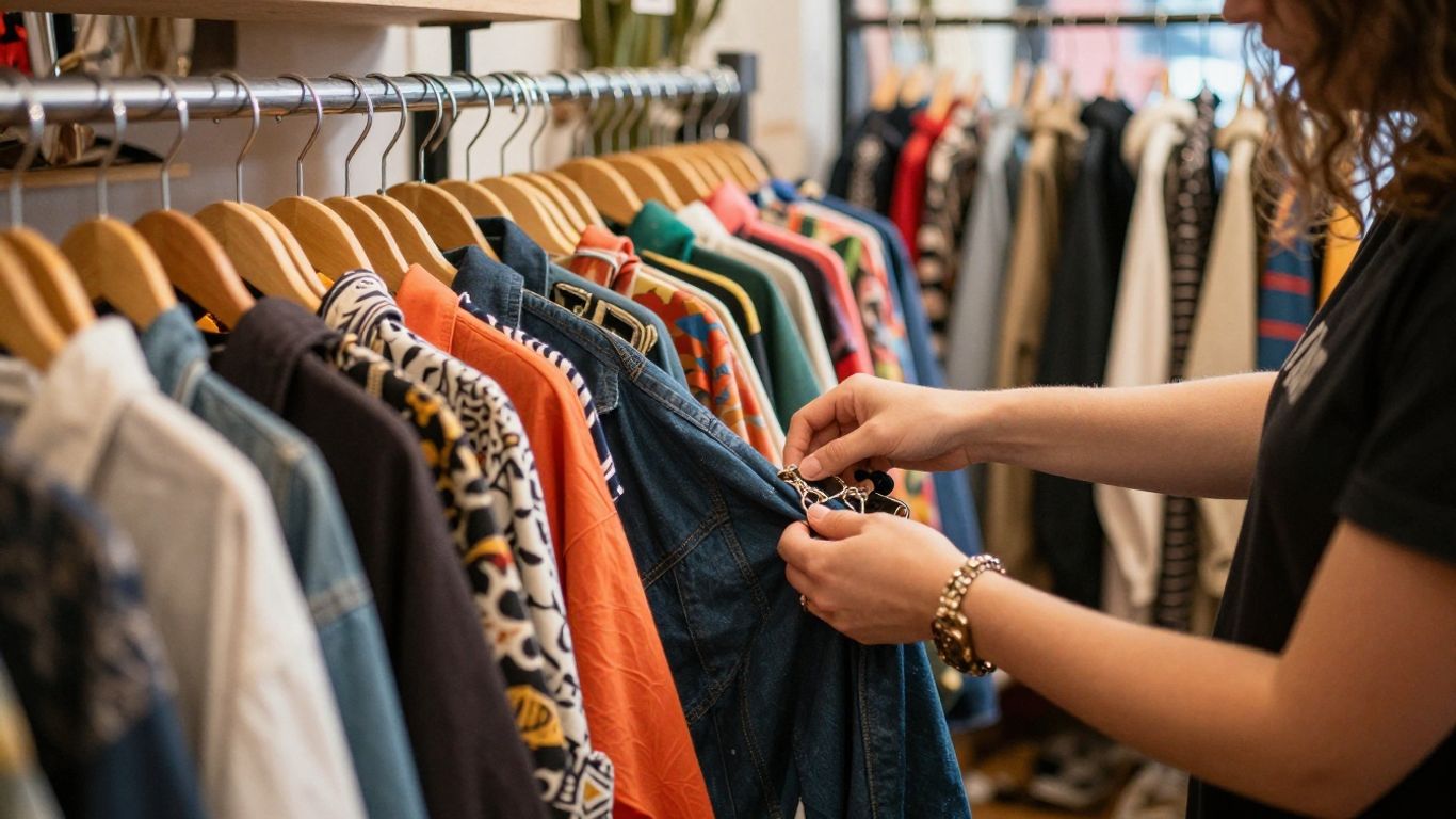 Glückliche Person entdeckt einzigartige Kleidung im Secondhand-Laden.