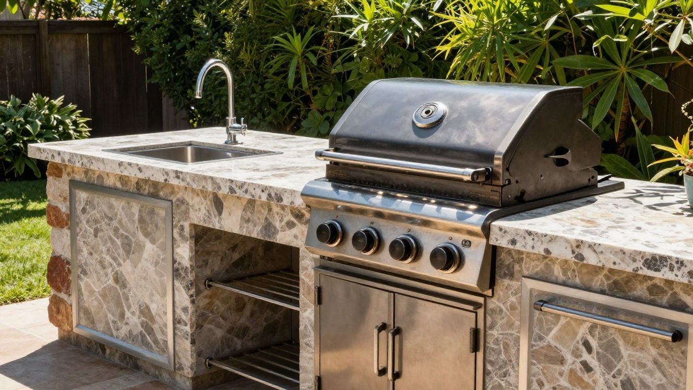 Outdoor kitchen countertops with grill and greenery.