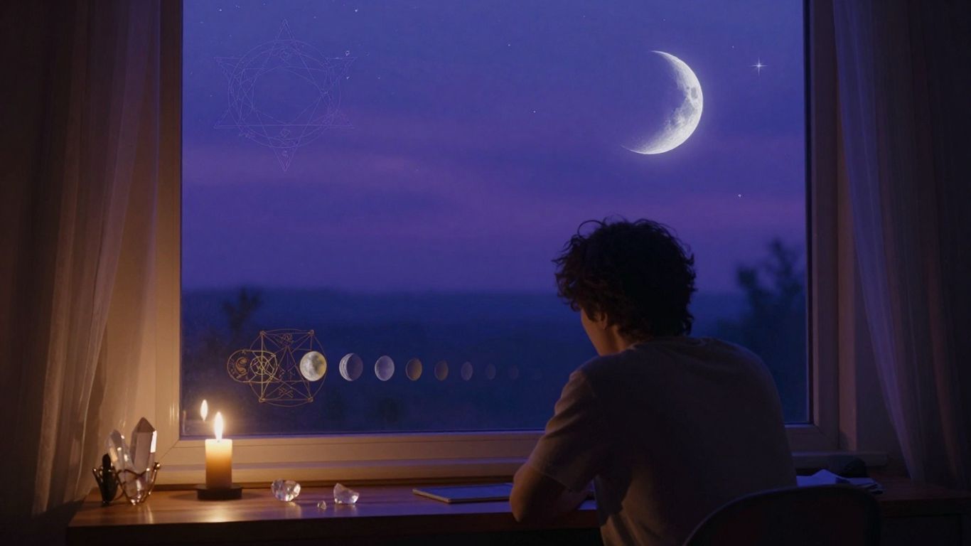 Personne à un bureau crépusculaire sous un ciel cosmique
