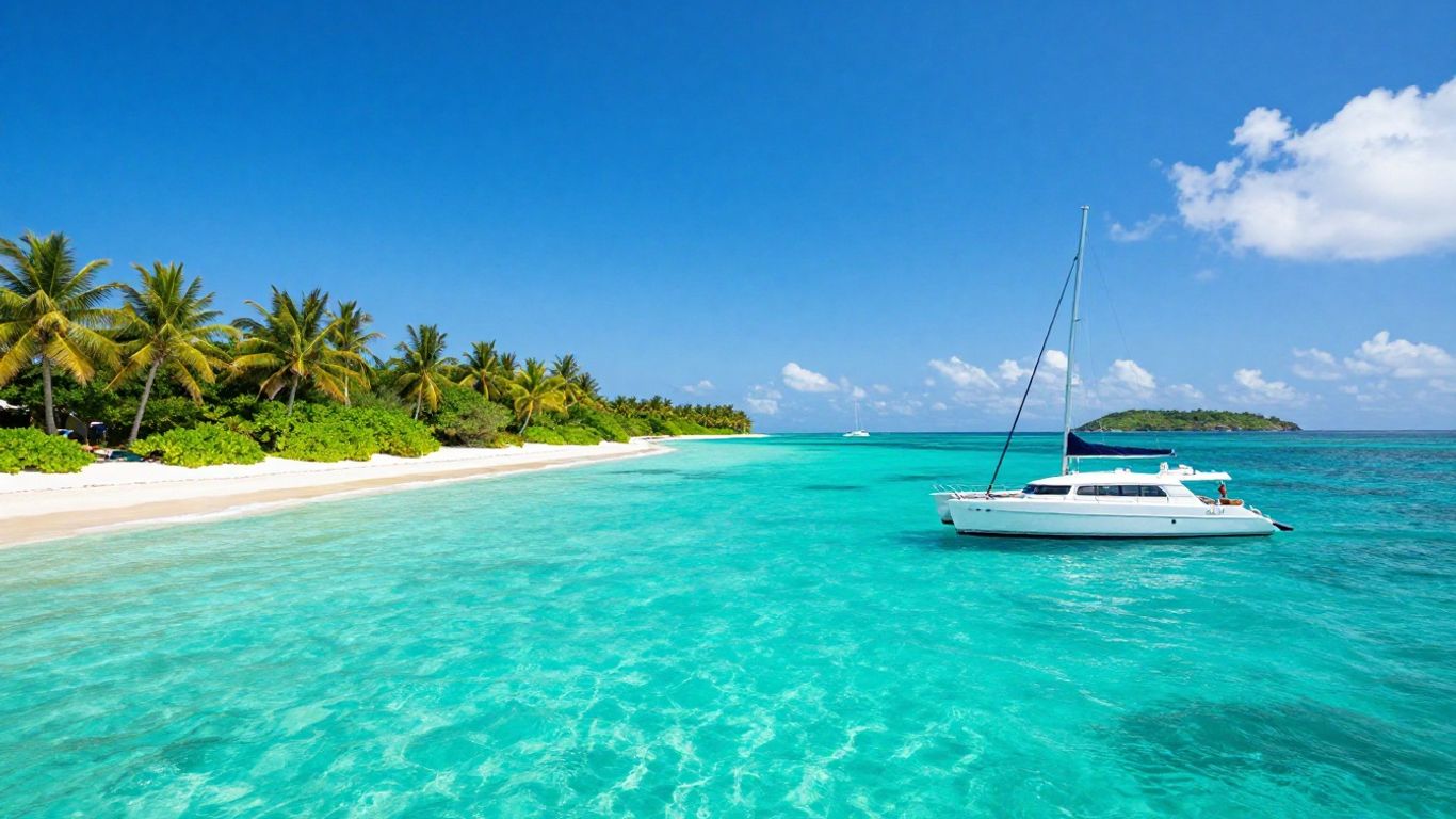 Catamaran sailing in clear turquoise Bahamian waters.