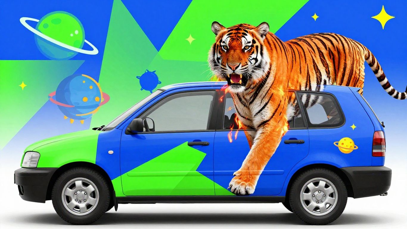 Creative vehicle wrap designs with abstract, animal, and space themes.