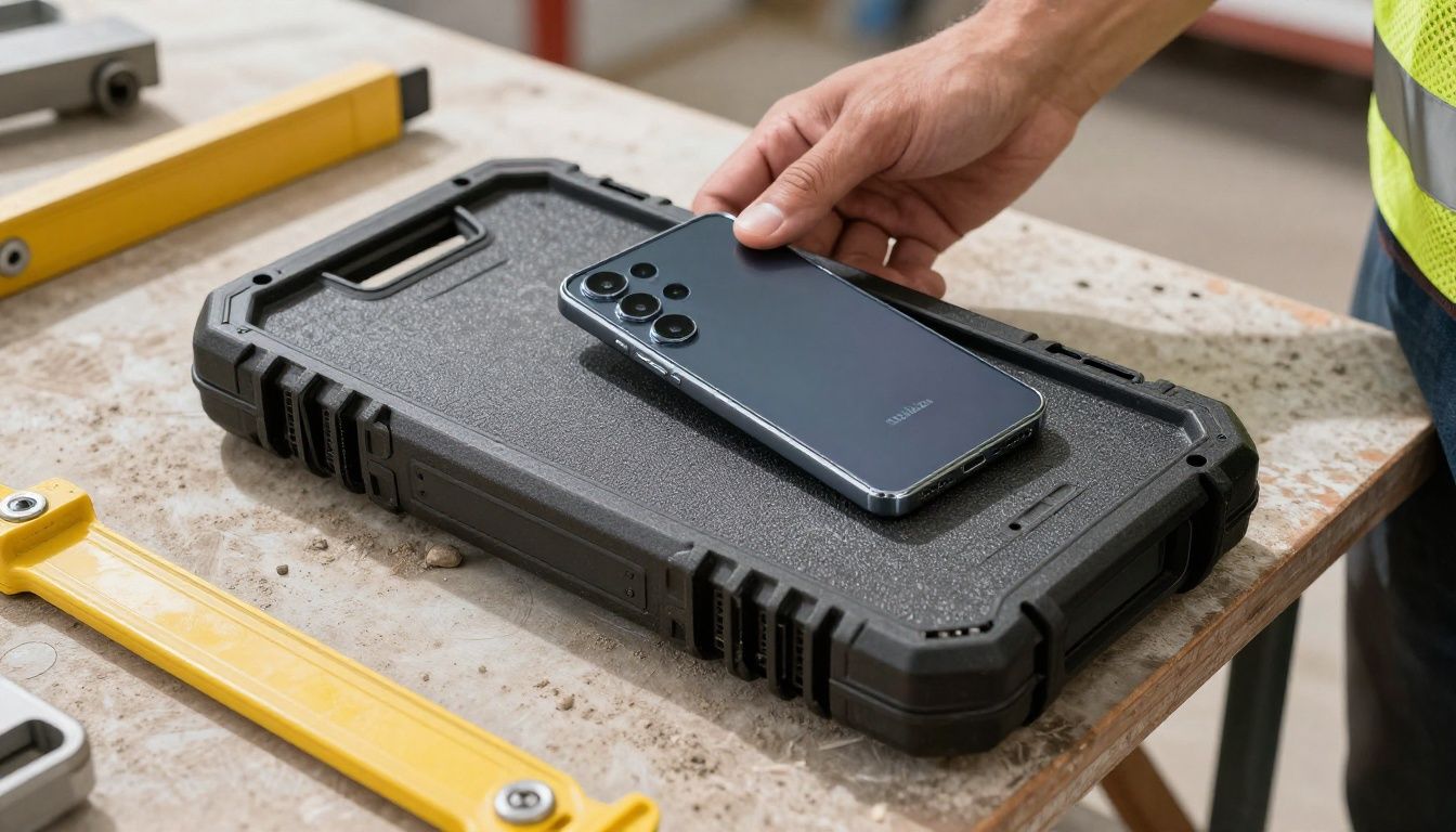 A tradie on a construction site in Melbourne placing their Galaxy S23 Ultra, protected by a heavy-duty case, on a dusty workbench.