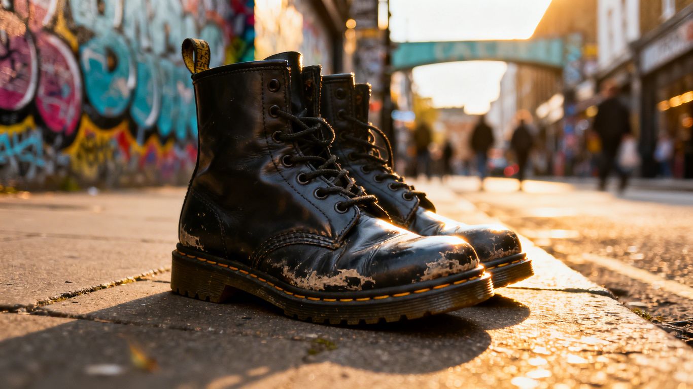Classic Doc Martens boots on a gritty street.
