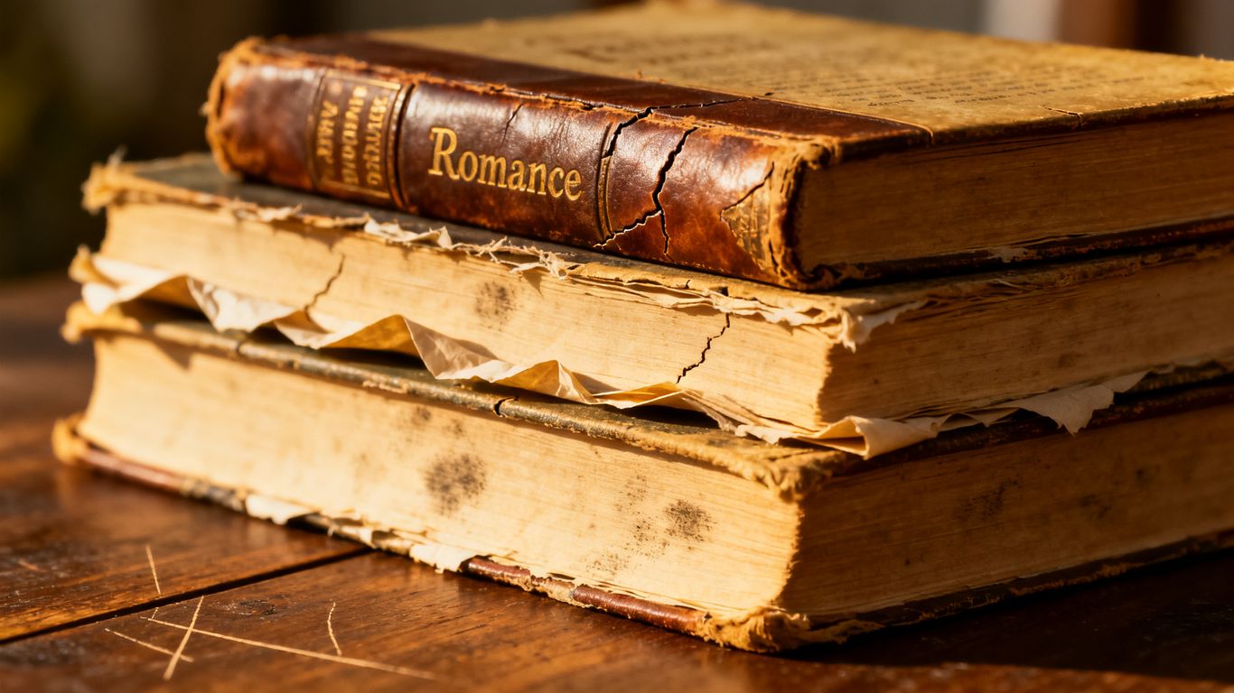 Well-worn romance novels with broken spines stacked together.