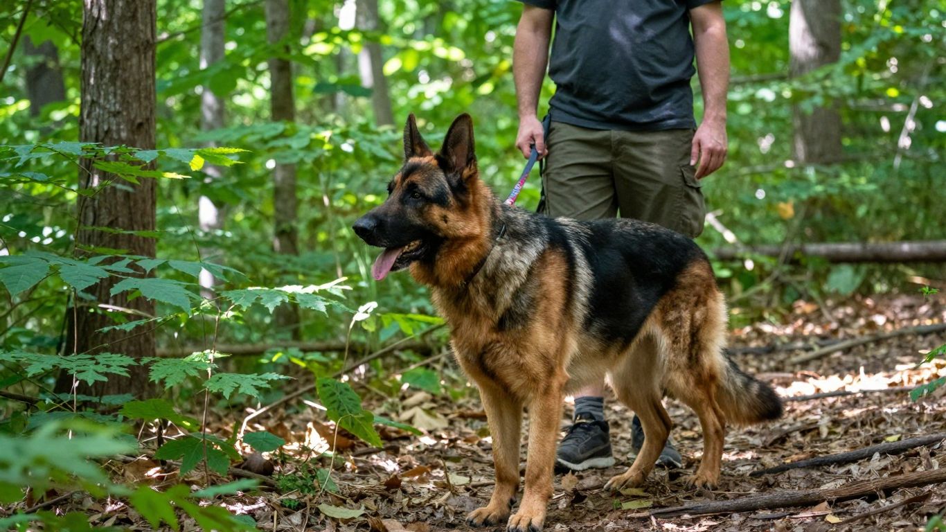 Dog and handler training on a leash outdoors.