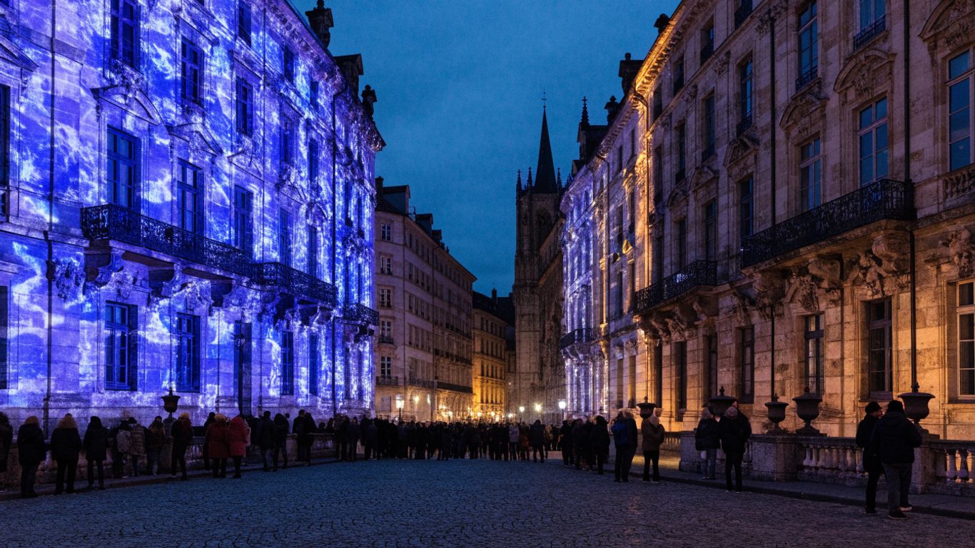 Illuminated Lyon square filled with evening visitors
