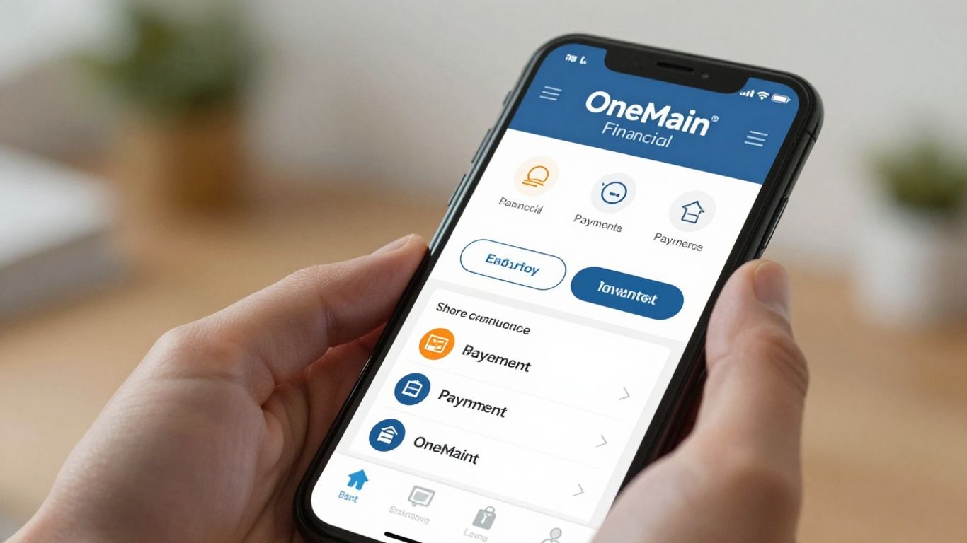 Hand holding phone with OneMain Financial payment options on screen.