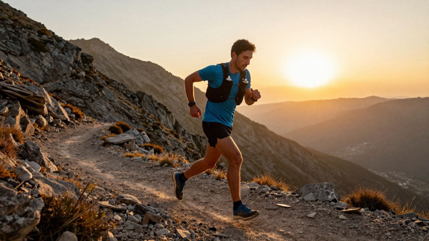 Runner on mountain trail at sunrise