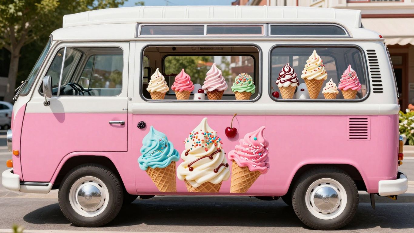 Colourful ice cream cones piled high outside a van.