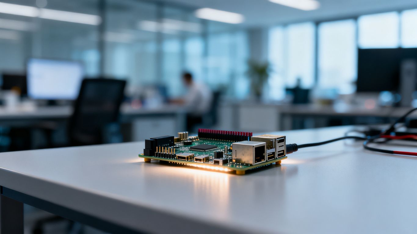 Raspberry Pi board on a desk, hinting at tech future.