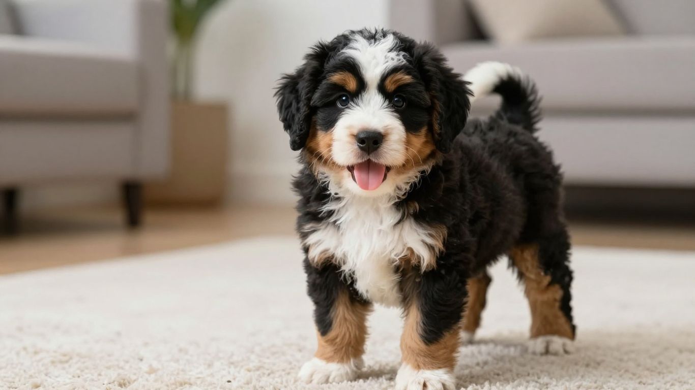 Fluffy tri-color Bernedoodle puppy sitting on a rug.