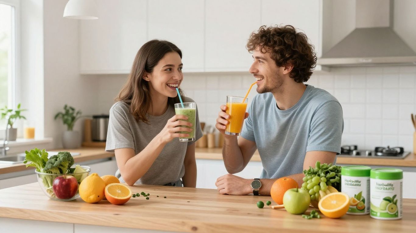 People enjoying smoothies with Herbalife products in kitchen