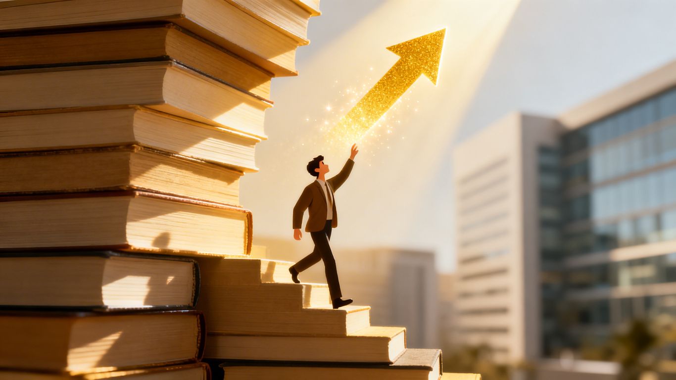 Person climbing stairs made of books towards promotion.
