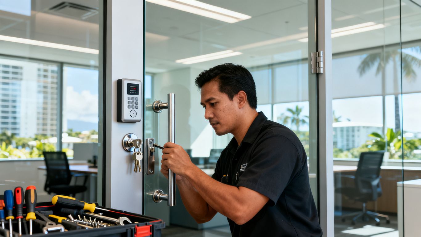 Commercial locksmith working on an office entrance