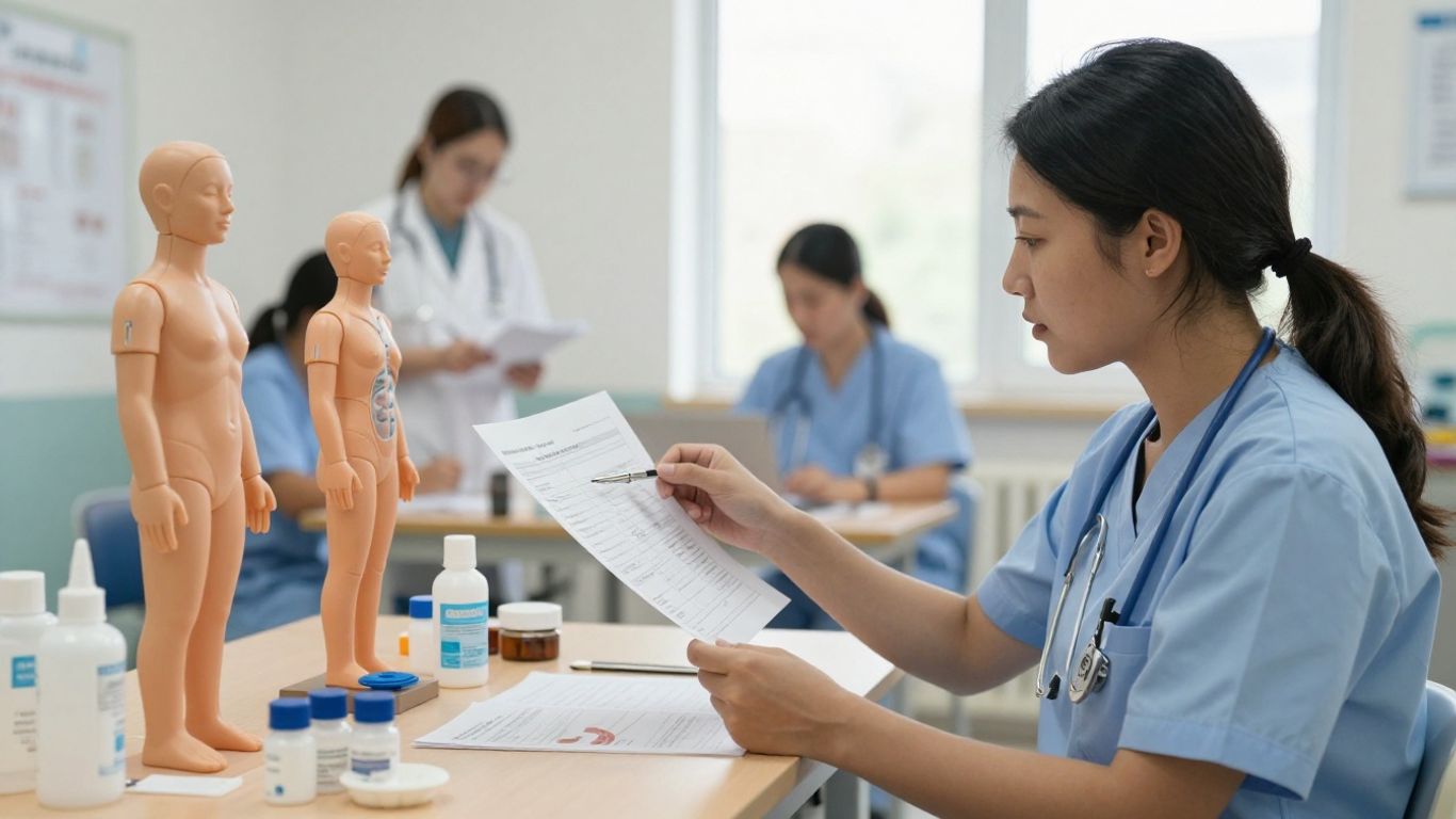 Student reviewing nursing assistant training materials
