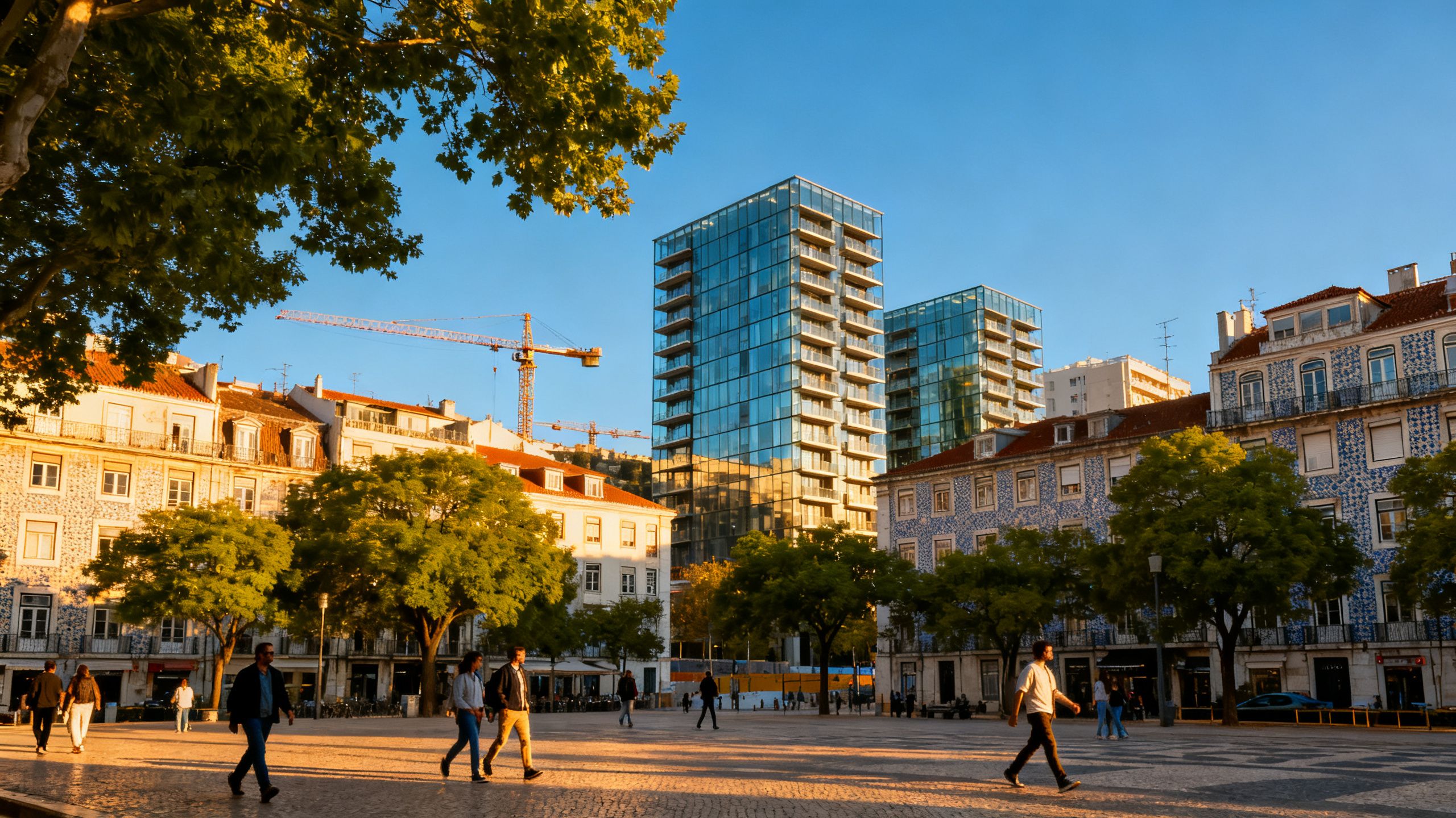 Prédios residenciais e gruas em Lisboa, Portugal, céu limpo.