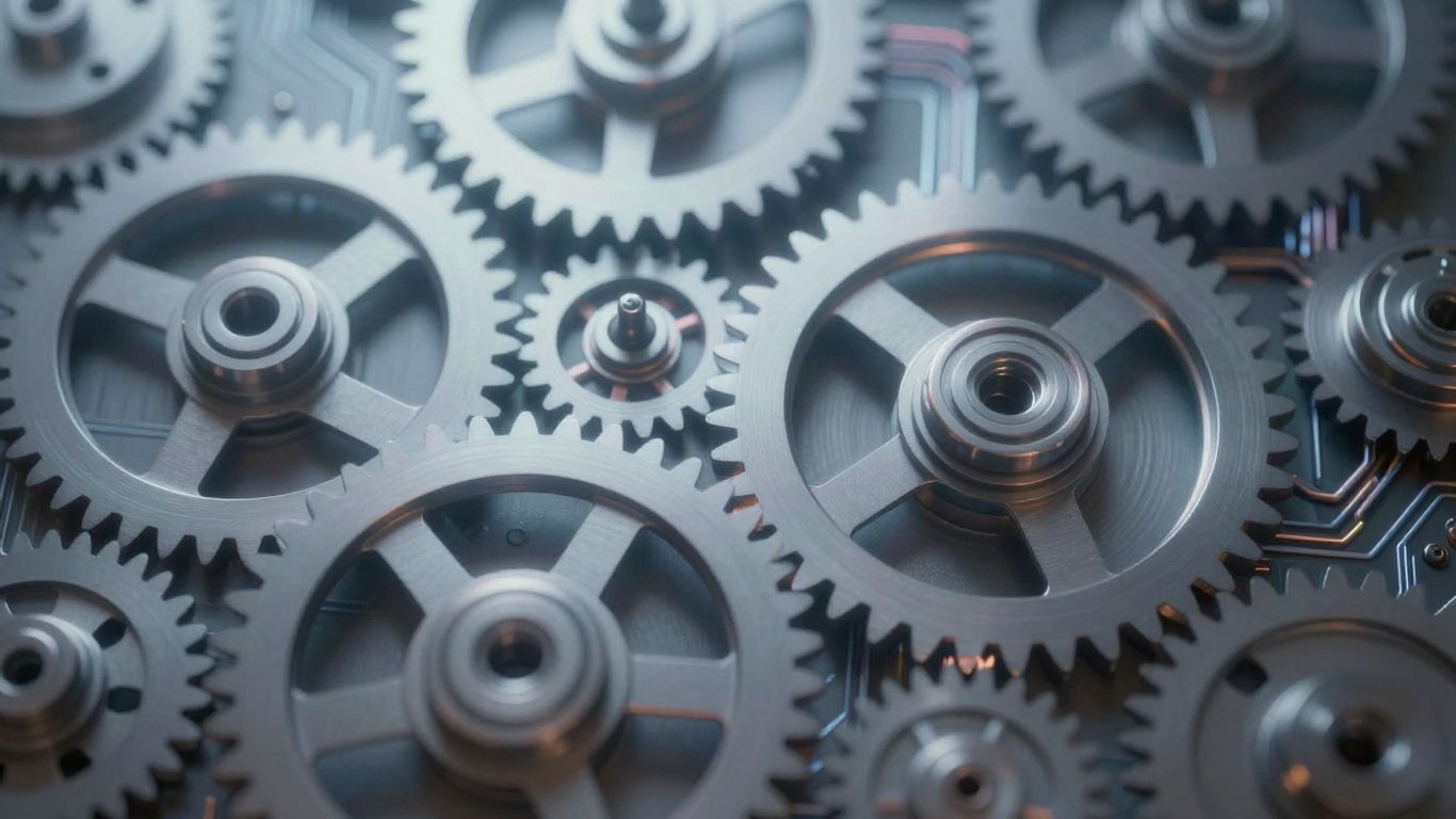 Interconnected gears and circuits symbolizing technology.