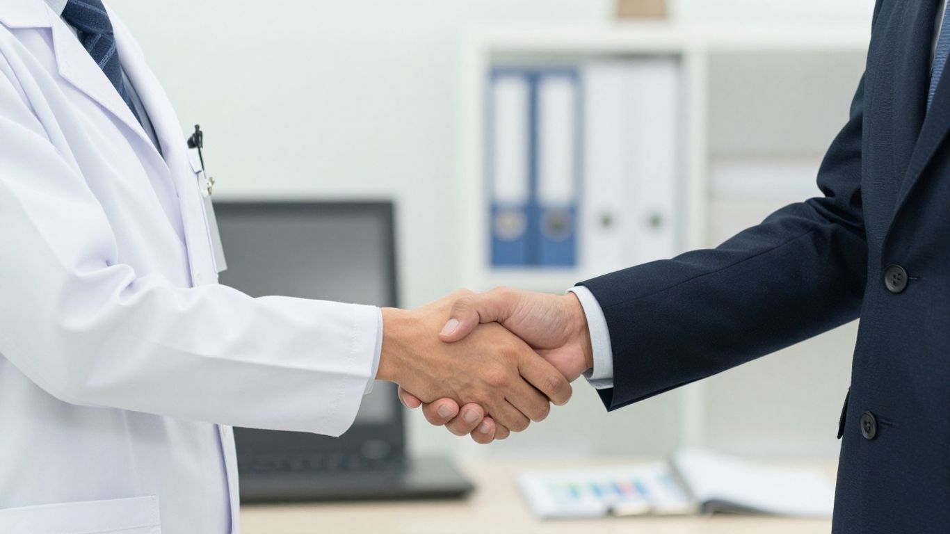 Doctor and CPA shaking hands in an office.