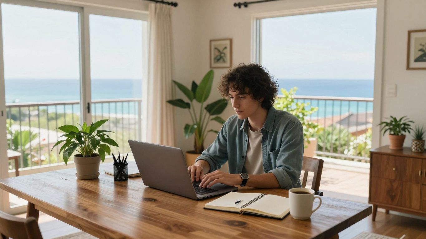 Laptop workspace overlooking a sunny coastal city