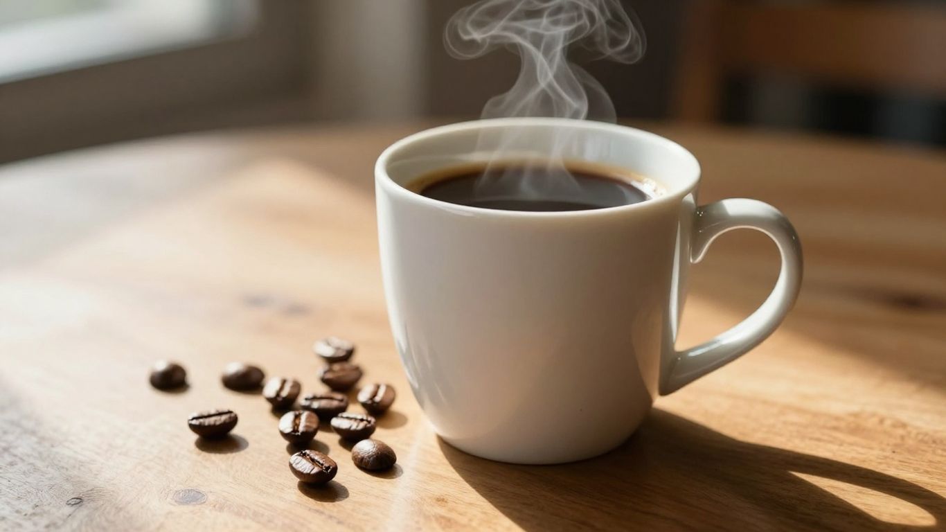 Steaming mug of coffee with scattered beans.