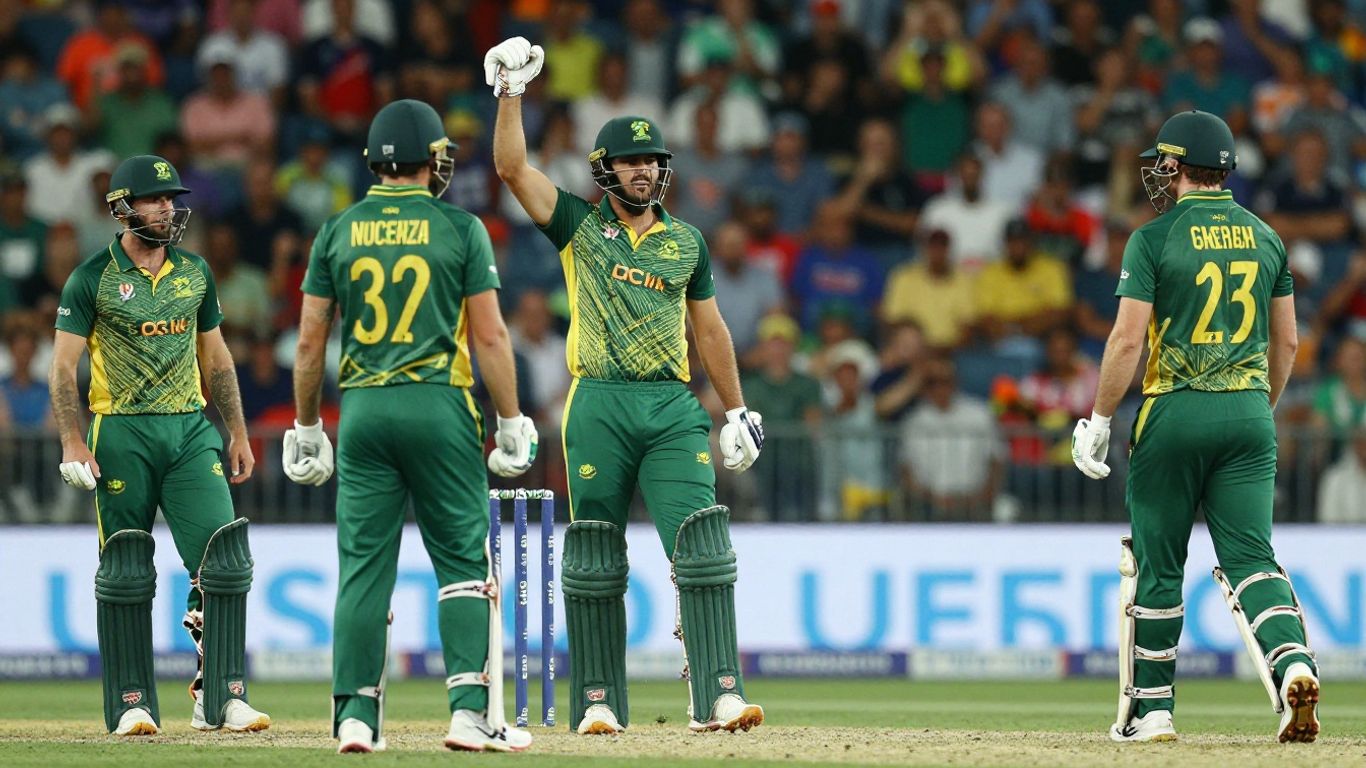 Australian cricketers celebrating a T20 match wicket.