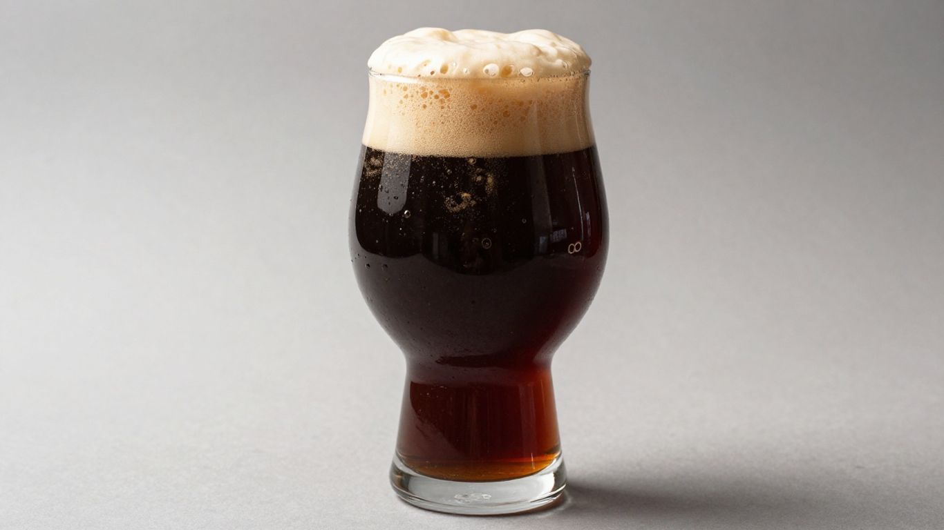 Dark stout beer with creamy head in a glass.