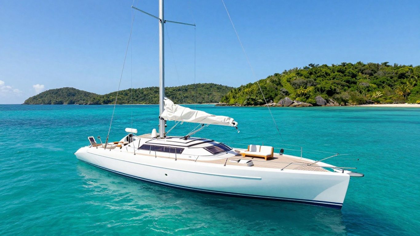 Catamaran sailing on clear blue water near islands.