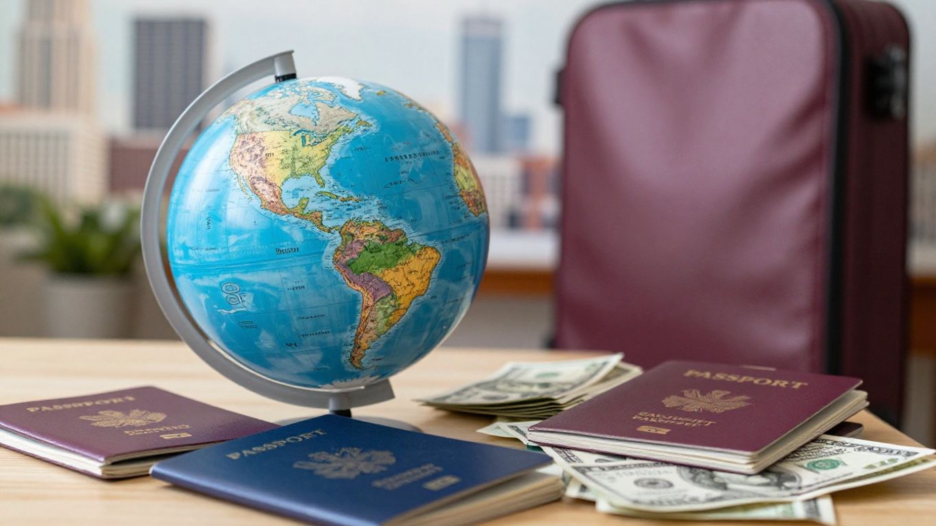 Globe, passports, currency, and suitcase for international moving.