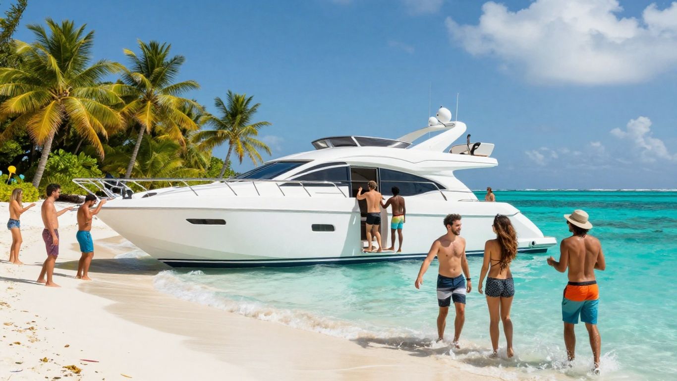 Friends disembarking yacht onto tropical island beach.