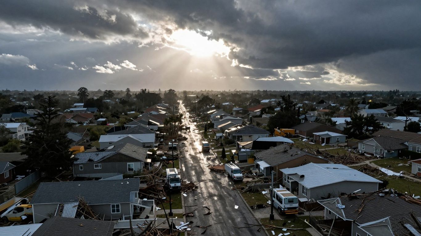 Contractor vehicles in a storm-damaged neighborhood