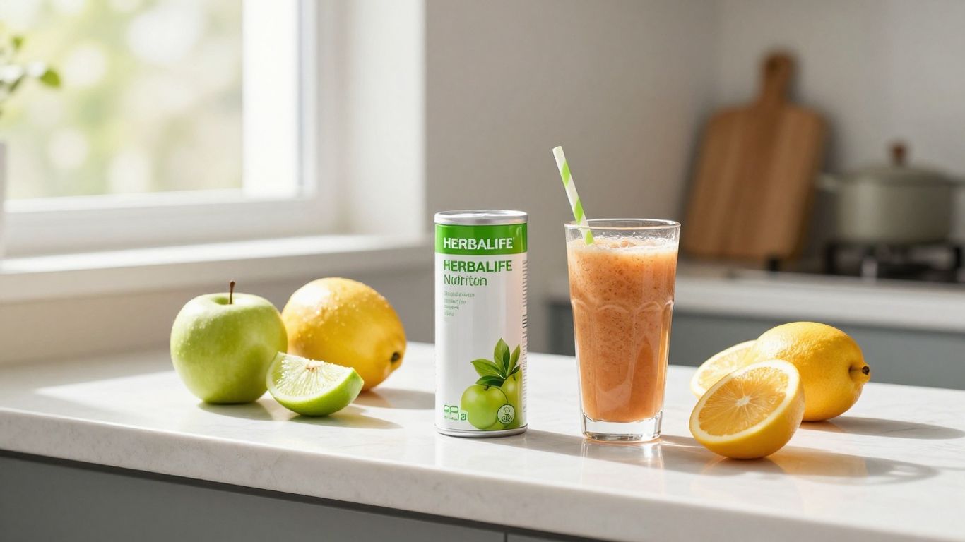 Herbalife products, fresh fruit, and smoothie on counter