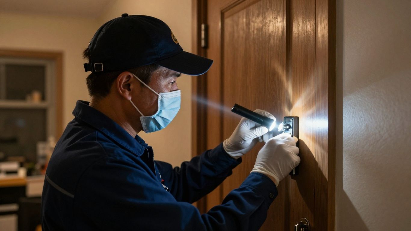 Locksmith working on a door lock at night.
