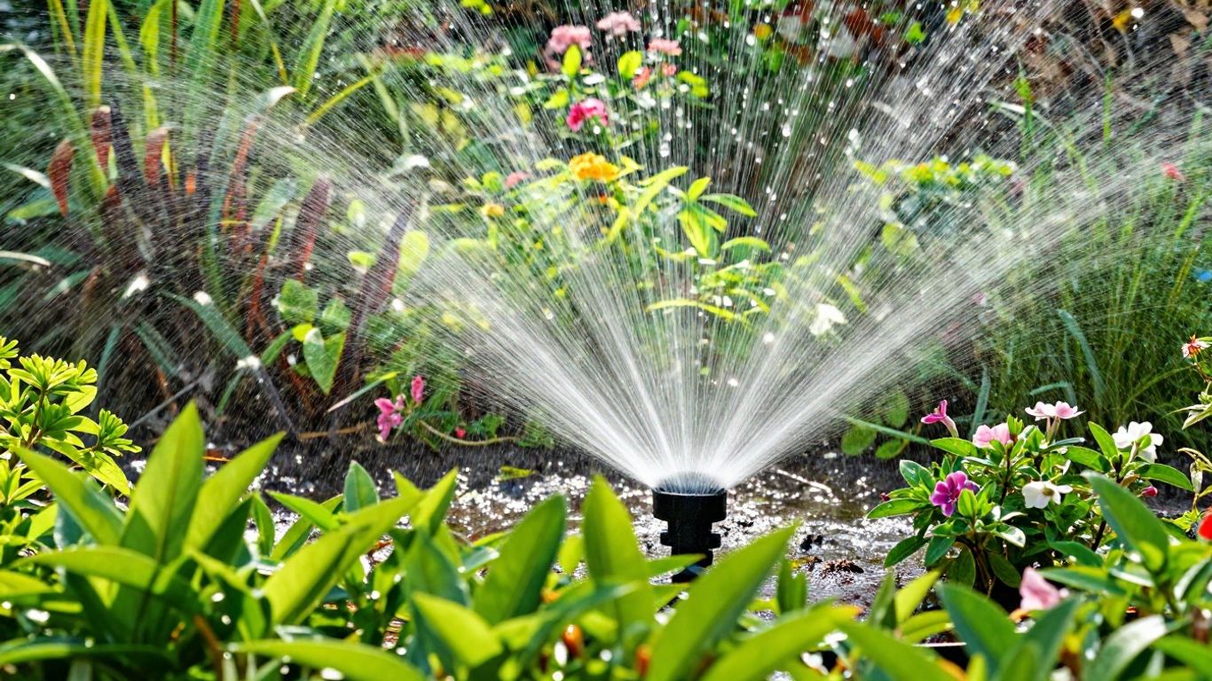Automatische Gartenbewässerung mit Sprinklern auf grünen Pflanzen.