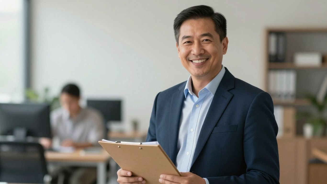 Tax preparer smiling with tax documents in Fayetteville, NC.