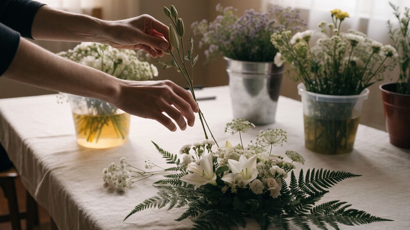 Florist preparing a restrained floral tribute for a funeral service