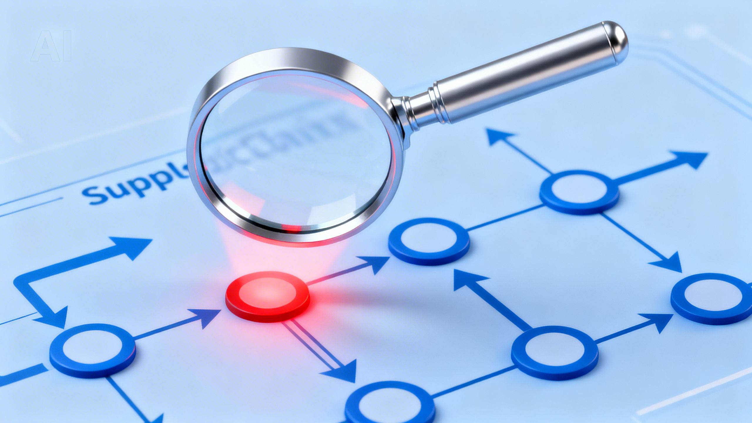 An illustration of an AI magnifying glass hovering over a supply chain diagram, highlighting a specific problem area with a red glow.