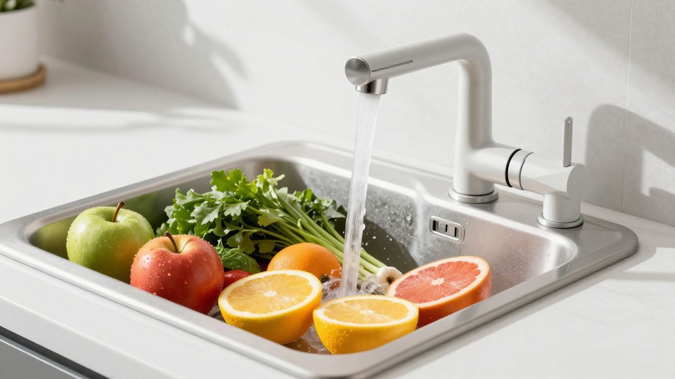 Eco-friendly kitchen faucet with water flowing into sink.