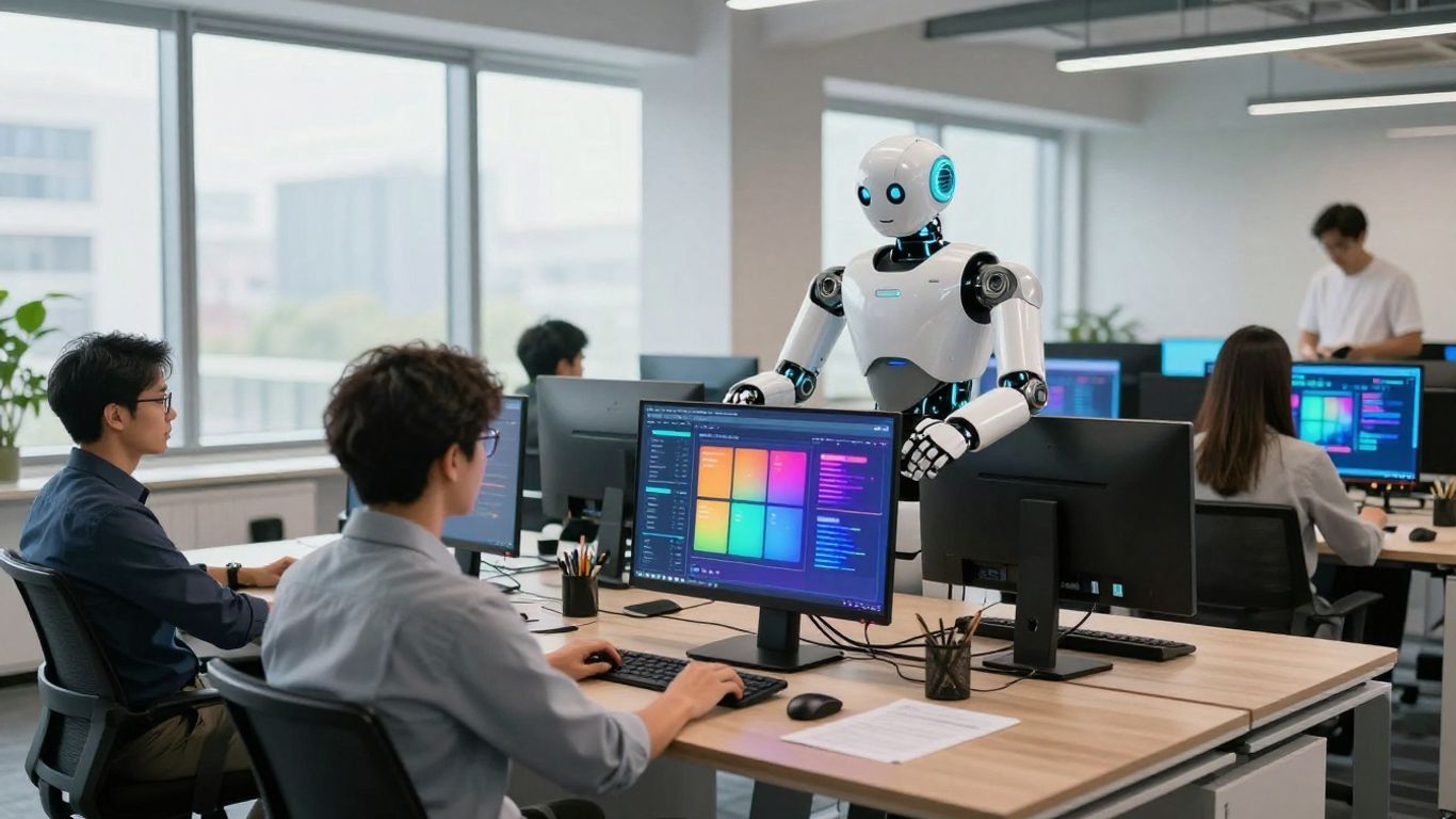 사무실에서 전문가들과 AI 로봇이 함께 작업